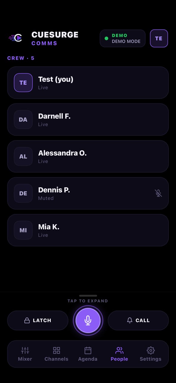 Agenda tab with LIVE NOW section and UP NEXT
