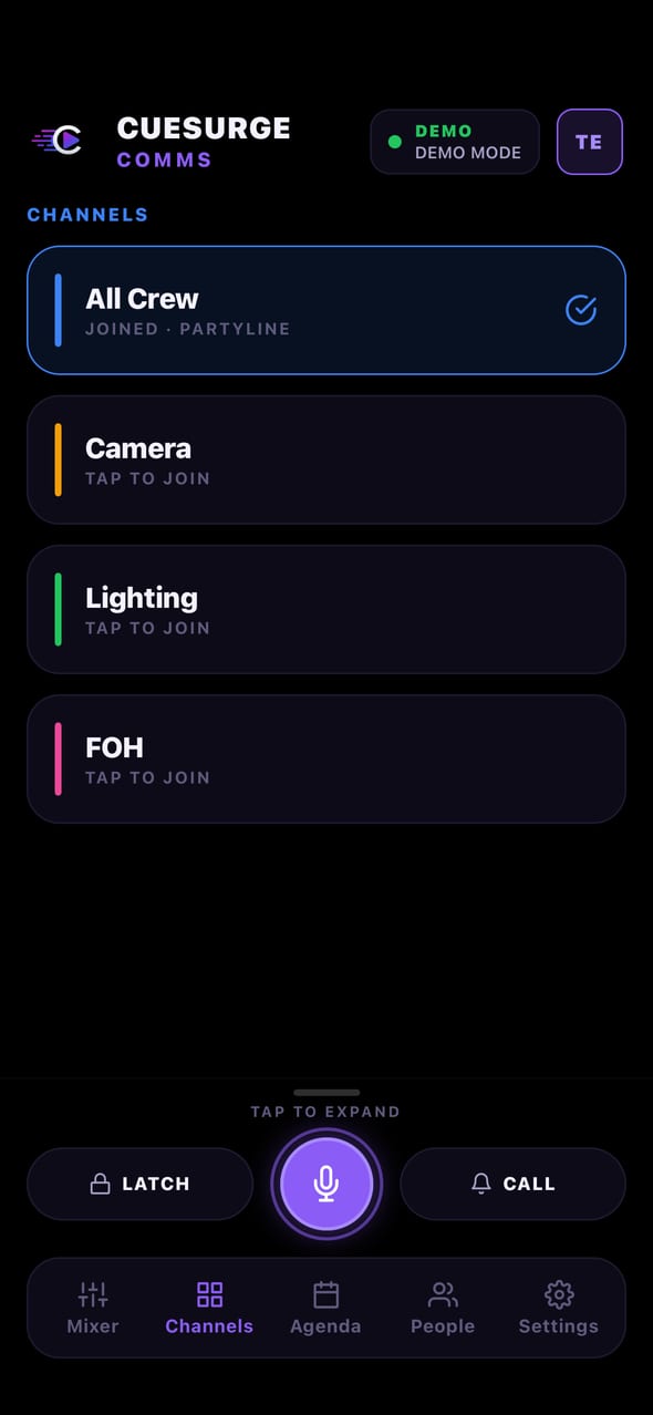 Channels list with All Crew joined